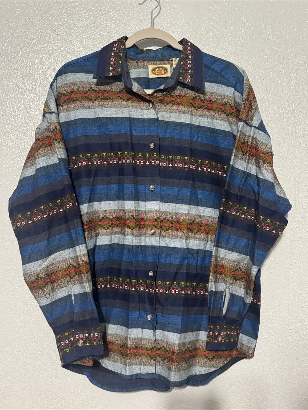 Vintage Southwestern Geometric Stripe Button Down Shirt Blue Aztec Western Top M